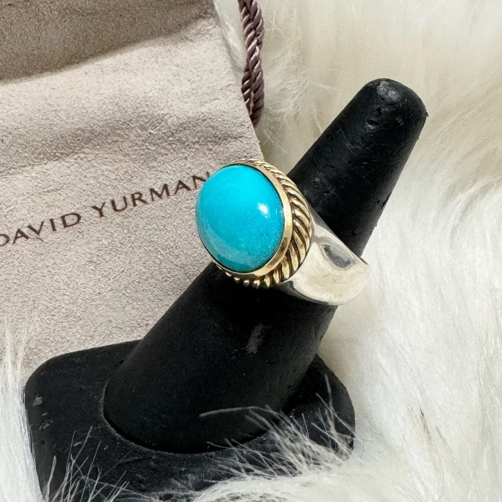 David Yurman 925 18K Gold Turquoise Oval Noblesse East West Ring Sz 8 - Picture 4 of 9